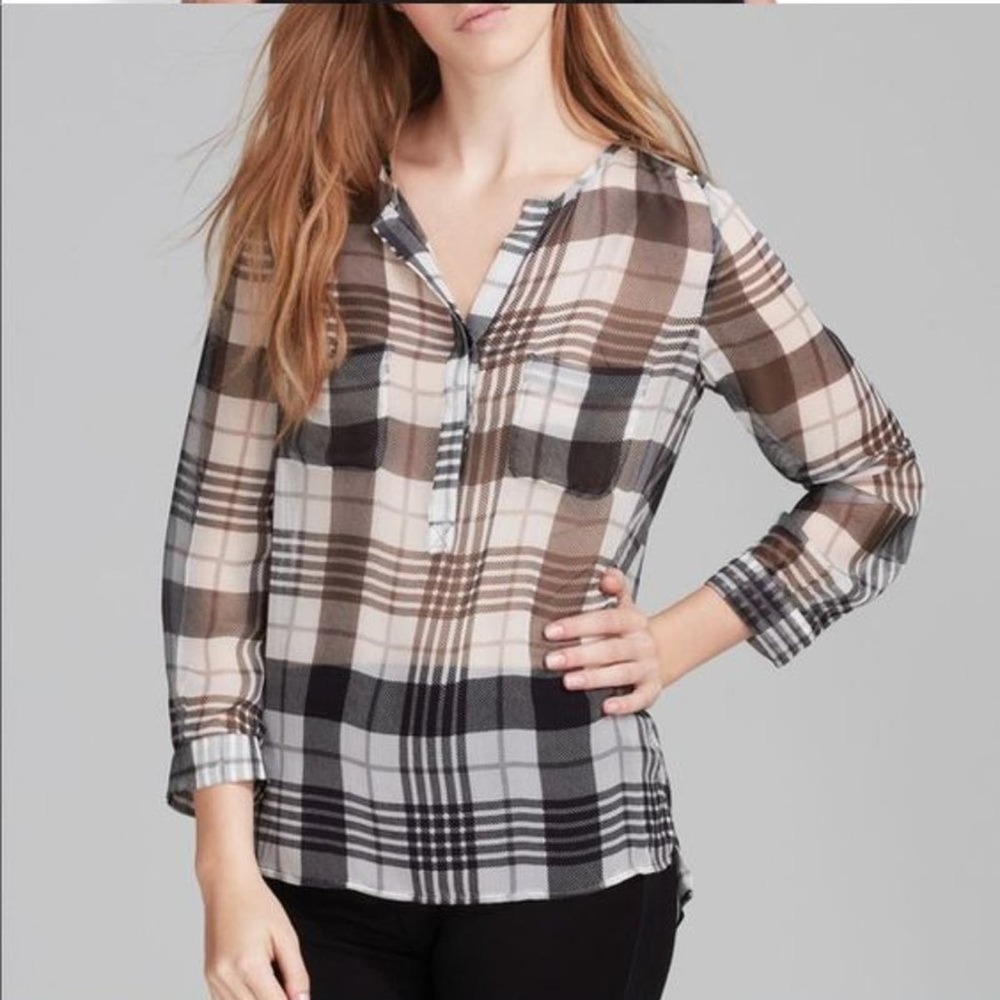 Joie Napal Sheer Black and White Silk Plaid 3/4 Sleeve Henley Blouse Size XS